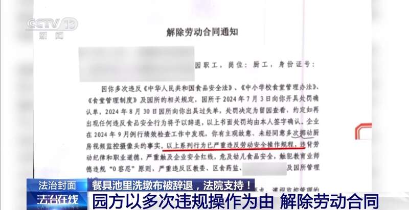 一名厨工在幼儿园洗碗池里洗墩布被辞退 法院：支持！儿童安全重于一切(图1)